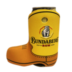 Yellow boot-shaped can cooler holds a can; features a polar-bear logo and text: "Bundaberg RUM ESTD 1888" against a plain white background.