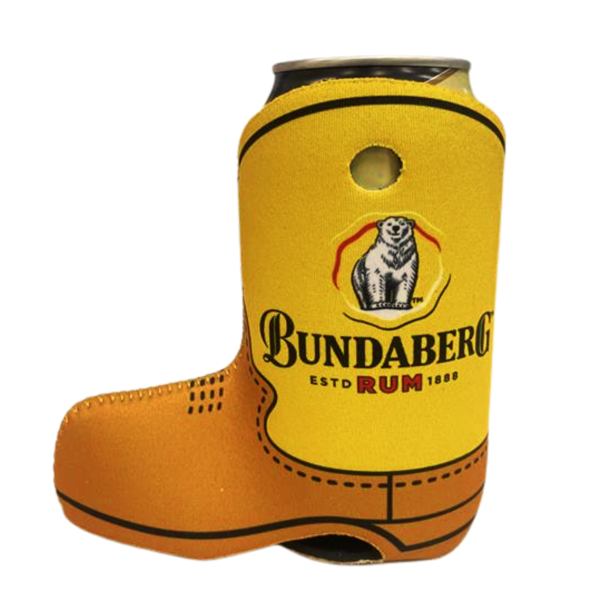 Yellow boot-shaped can cooler holds a can; features a polar-bear logo and text: "Bundaberg RUM ESTD 1888" against a plain white background.