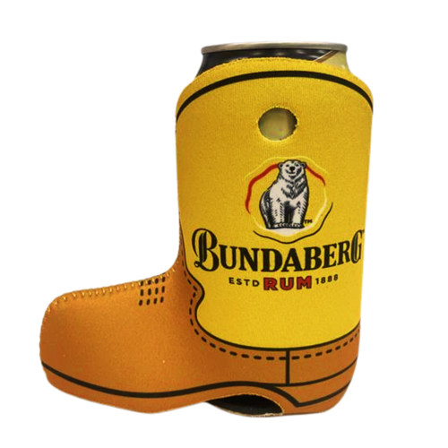Yellow boot-shaped can cooler holds a can; features a polar-bear logo and text: "Bundaberg RUM ESTD 1888" against a plain white background.