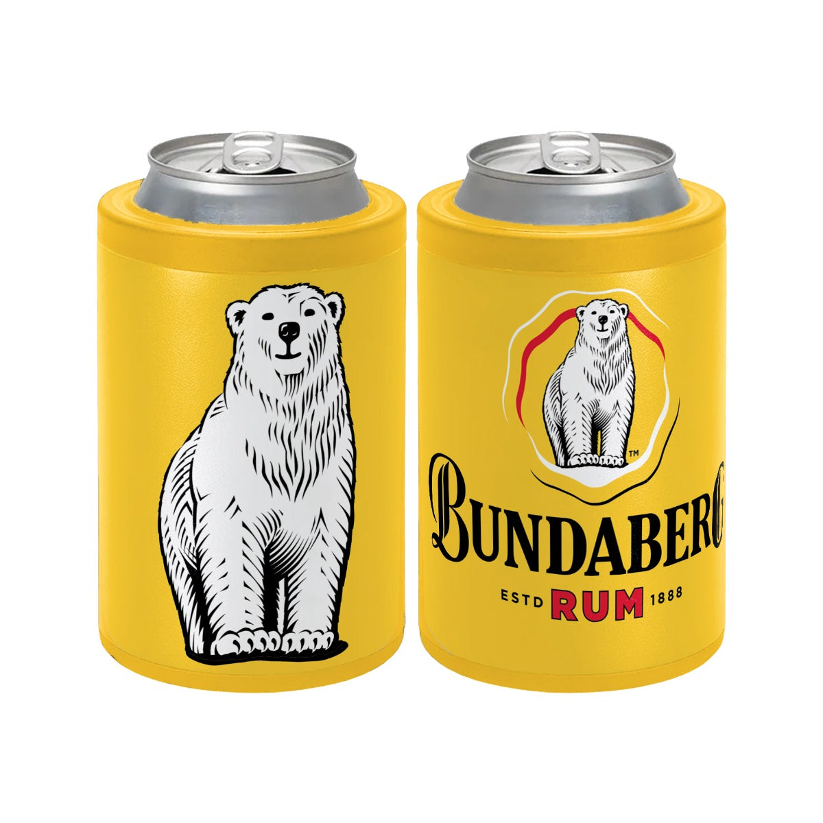 Two yellow can coolers holding silver-topped cans; one displays a standing polar bear, the other an oval polar-bear logo with text "BUNDABERG RUM" on a white background.