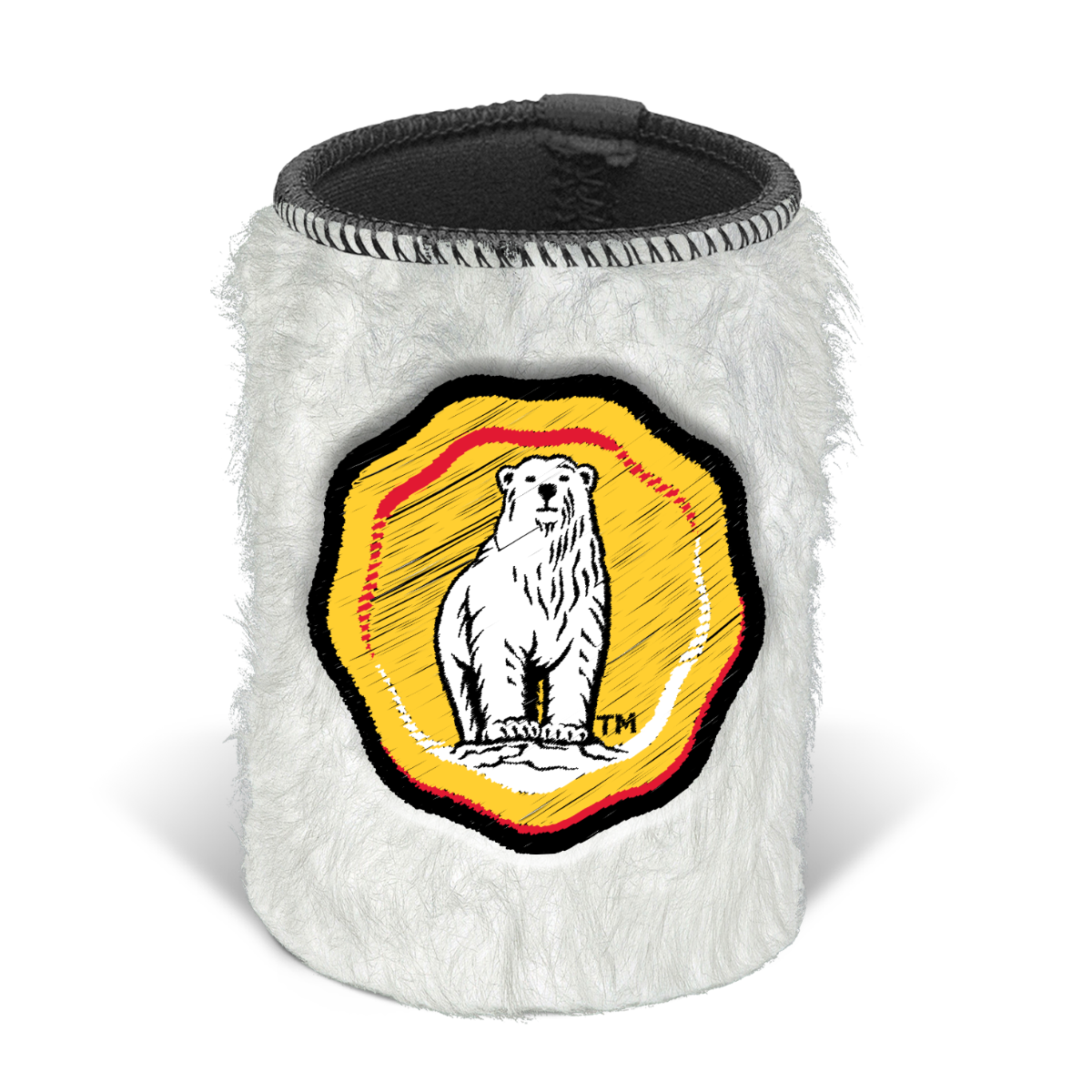 White, furry cylindrical can cooler featuring a yellow-bordered circular patch with an illustrated polar bear; open black-rimmed top suggests it fits a beverage can, shown isolated on a white background.