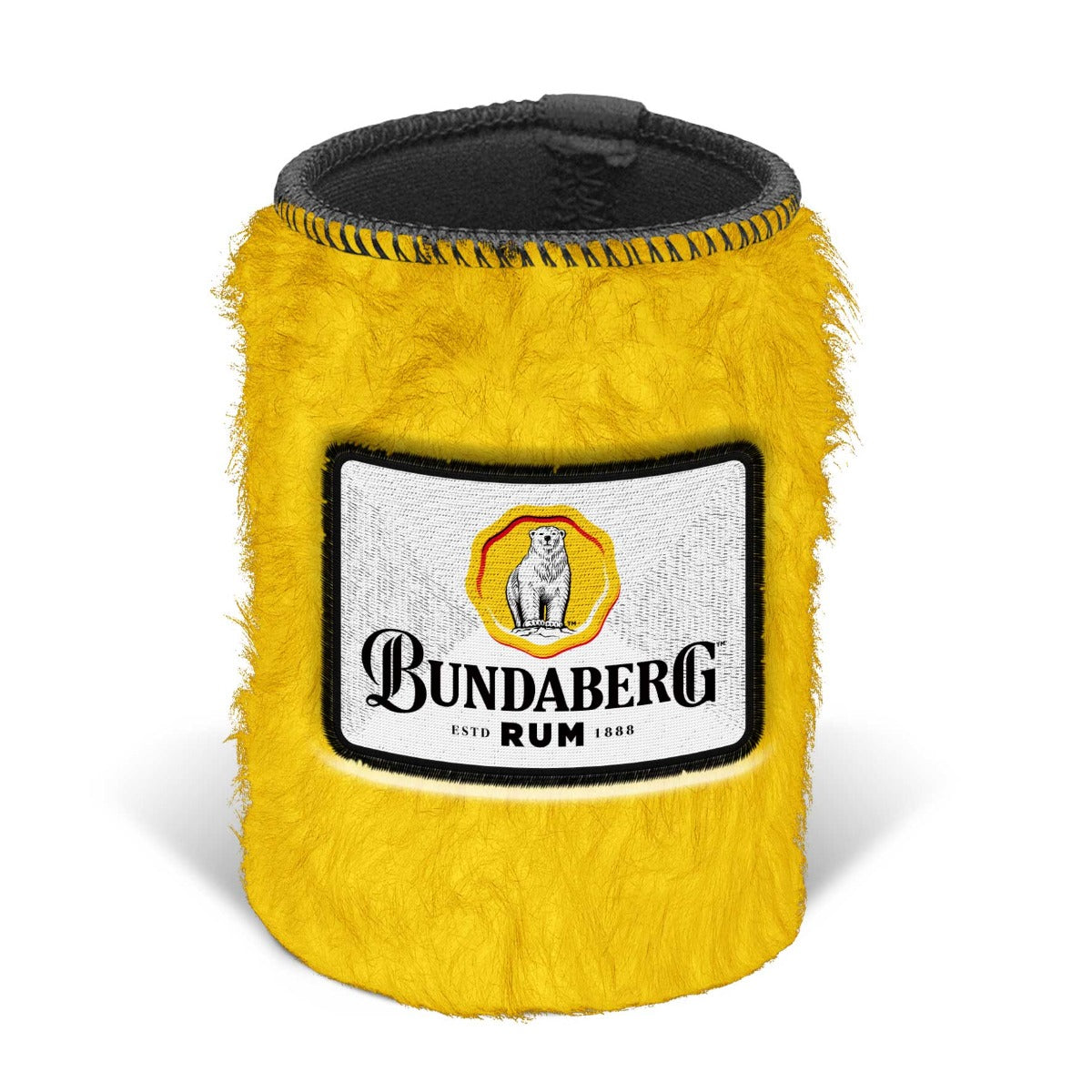 Yellow faux-fur can cooler displaying "BUNDABERG RUM" patch, standing upright with open black interior against a plain white studio background.
