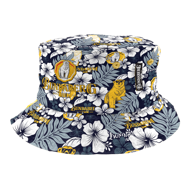 A navy bucket hat patterned with white and yellow hibiscus and gray tropical leaves, sitting on a plain white background. No legible text detected.