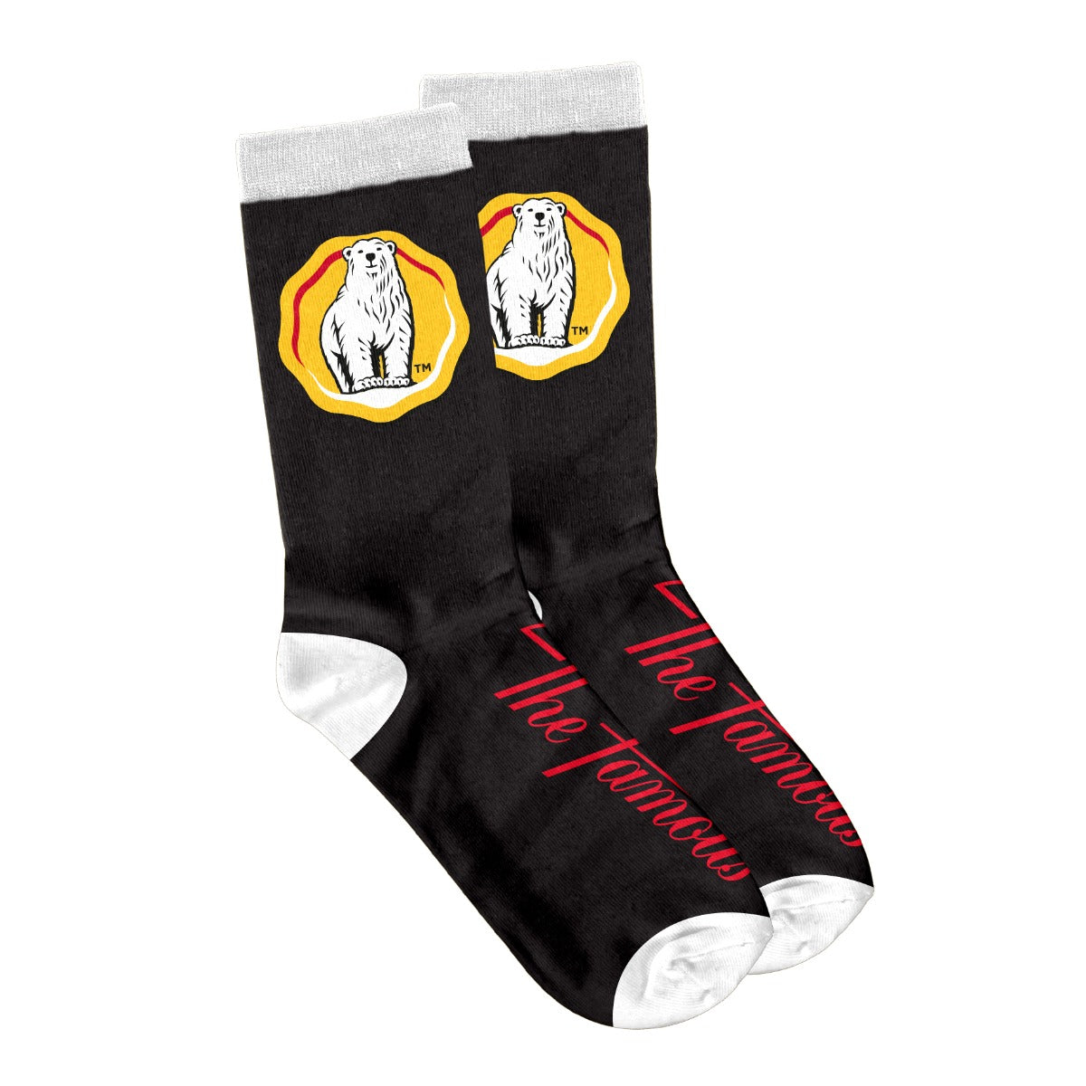 Black crew socks with white toes and heels, red stripes across the foot and yellow cuff patches showing a stylized figure with orange flame accents. Laid on white background.