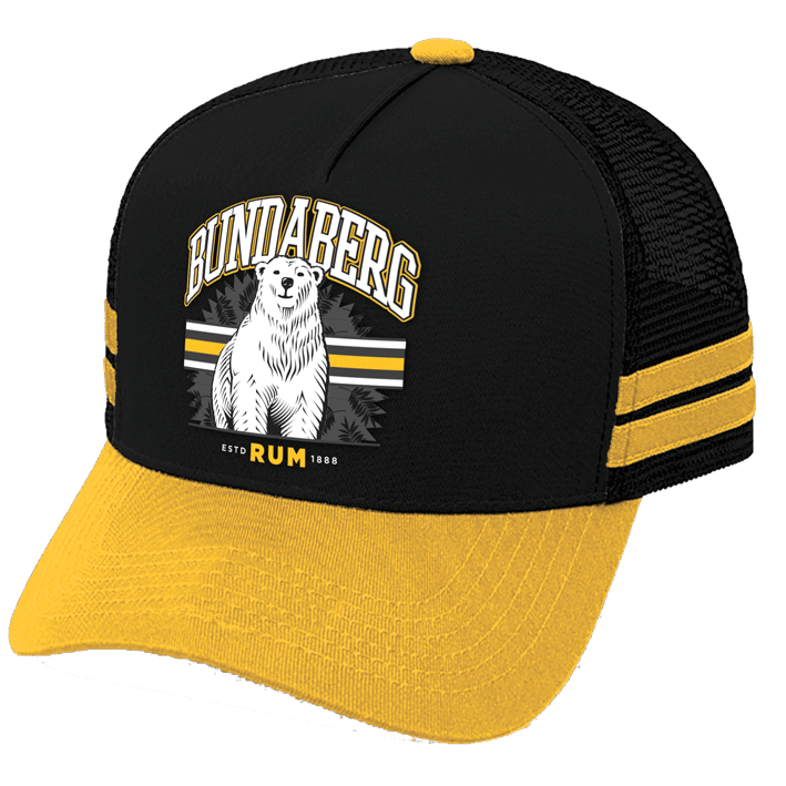 Black-and-yellow trucker hat displays a printed tiger and arched lettering on its front while sitting against a plain white background.