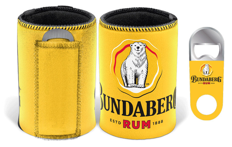 Yellow Bundaberg can cooler set (two neoprene sleeves and a small opener) stands upright, showing a polar bear logo and text "BUNDABERG RUM" on a plain white background.