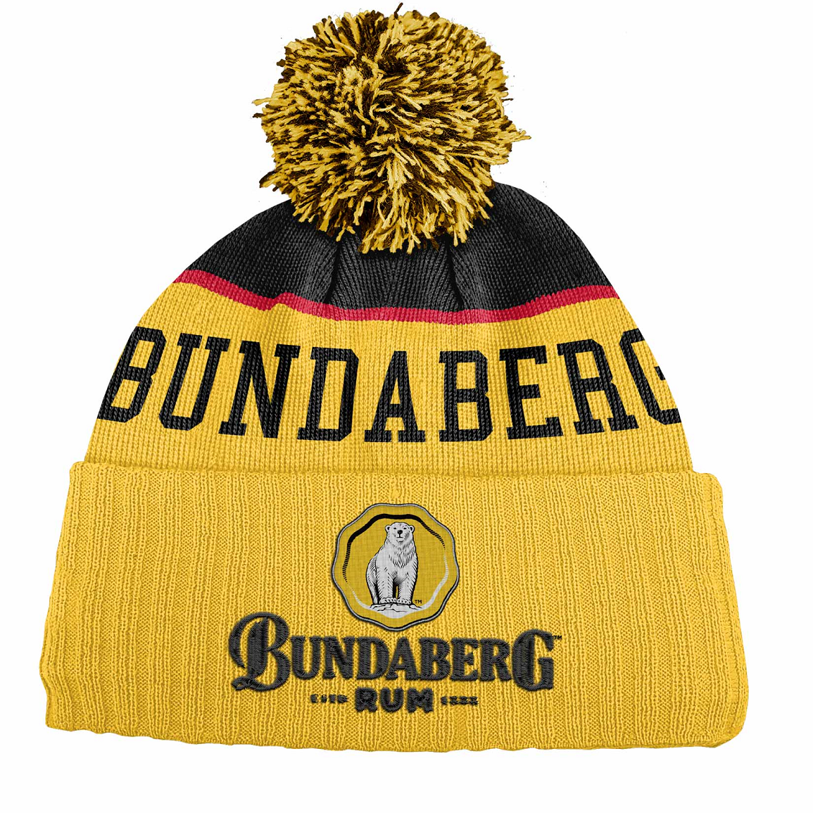 A yellow knit pom‑pom beanie with black and red stripe displays "BUNDABERG" across its band; lower cuff bears a circular logo reading "BUNDABERG RUM".