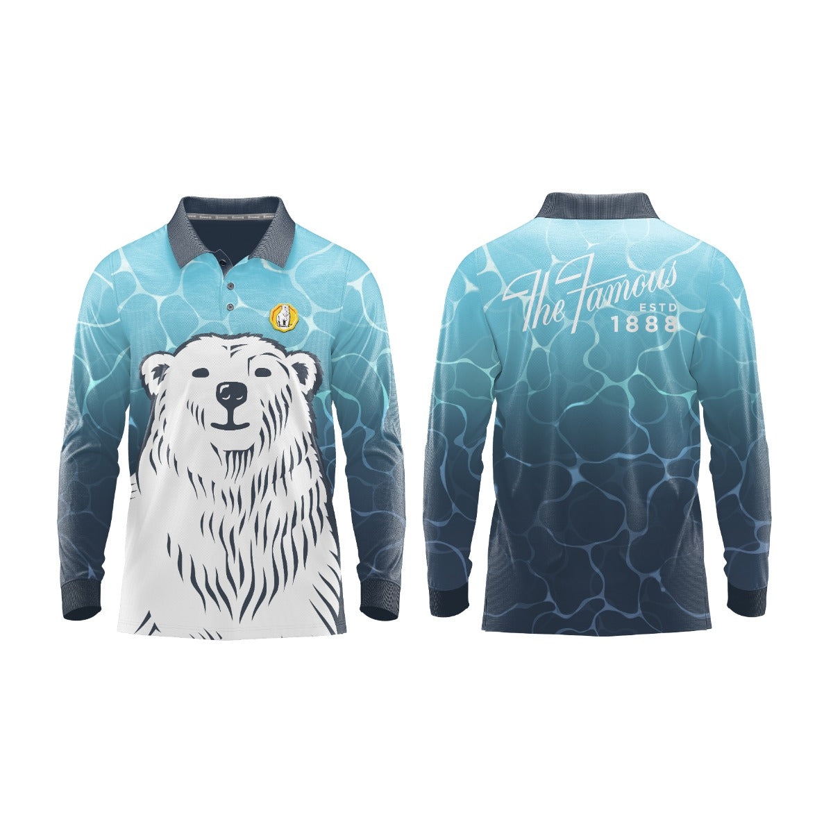 Long-sleeve pullover featuring a smiling polar bear illustration on the front; gradient teal-to-dark blue background with abstract ice-crack pattern; ribbed collar and cuffs, shown front and back.