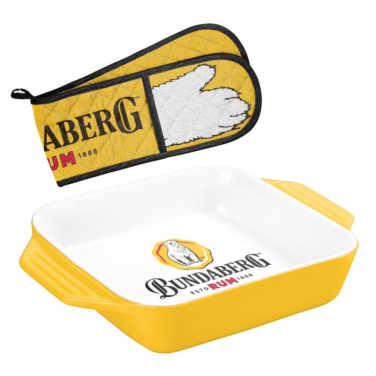 Yellow rectangular baking dish with handles sits empty on a white background; matching yellow oven mitt/pot holder is positioned above it.