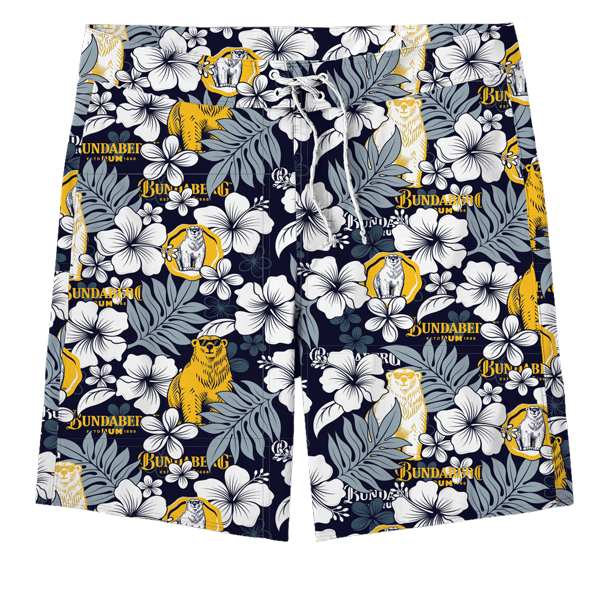 Pair of navy swim shorts patterned with white hibiscus flowers, gray tropical leaves and yellow tigers; fabric stamped repeatedly with the word "MALIBU"; laid flat on a white background.