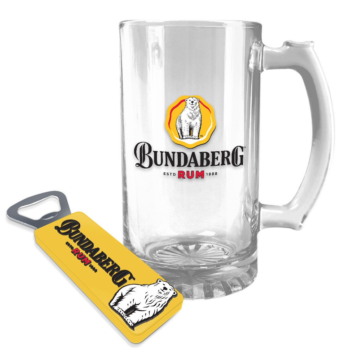 Clear glass beer mug sits upright on a white background, branded with a Bundaberg Rum logo; yellow bottle opener with the same logo lies beside it. Text: "Bundaberg Rum".