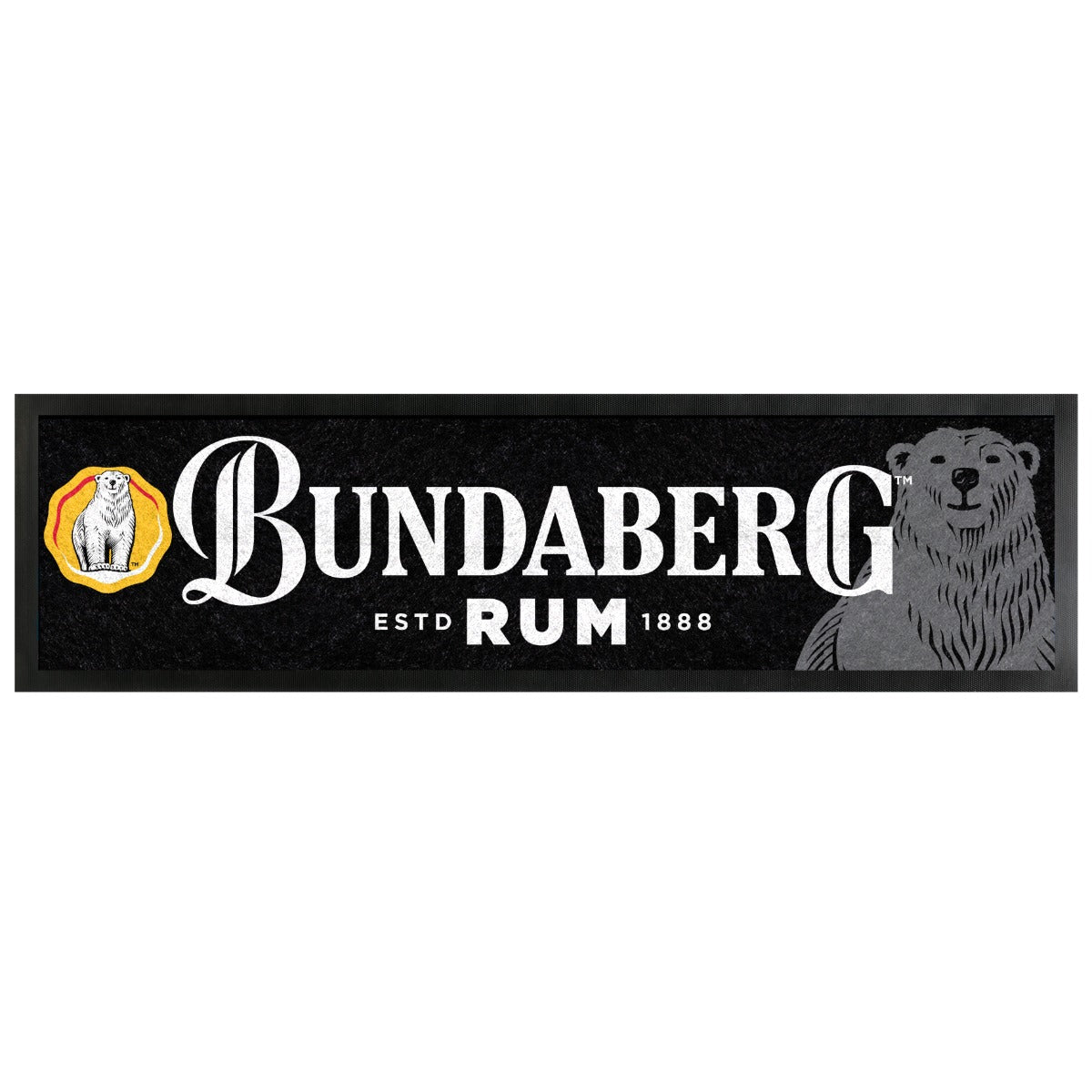 Black rectangular Bundaberg Rum label displays bold "BUNDABERG", a polar bear illustration and a small crest, set on a plain white background. Text: BUNDABERG RUM ESTD 1888