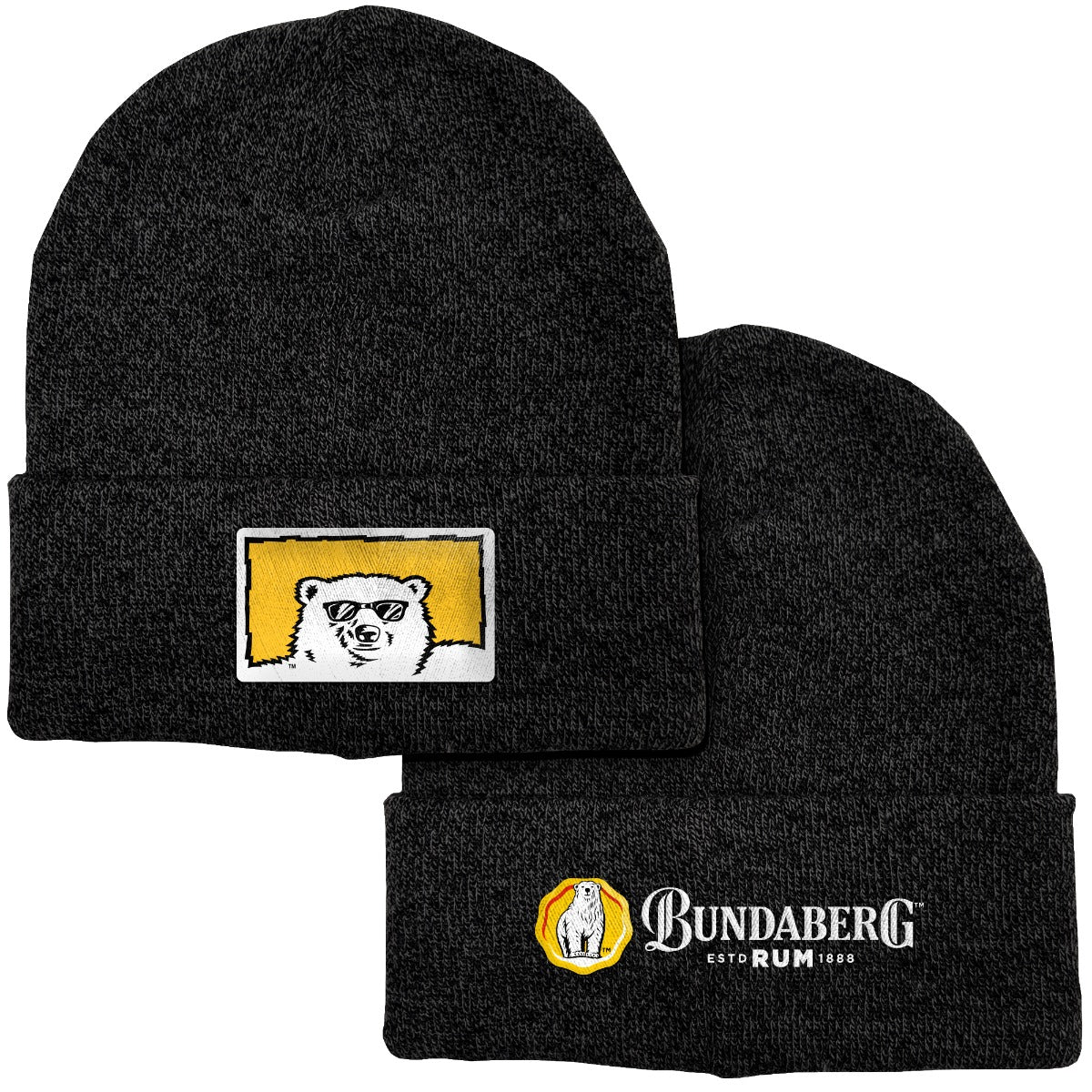 Two black knit beanies display a rectangular bear-with-sunglasses patch and an embroidered Bundaberg logo, overlapping on a white background.