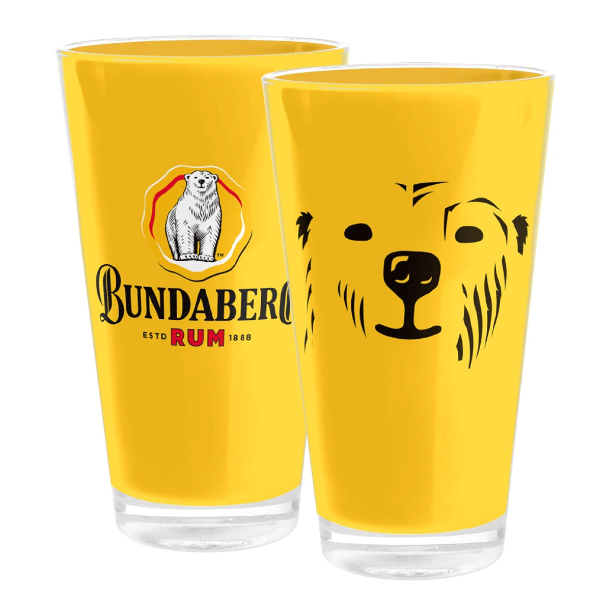 Two yellow pint glasses stand side-by-side on white; left bears a polar-bear logo and the text "BUNDABERG RUM", right displays a stylized black bear face.