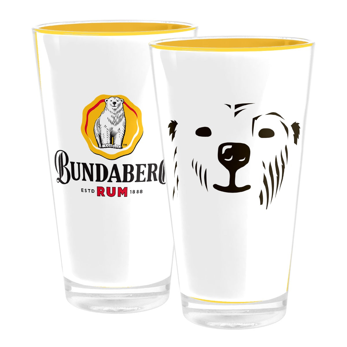 Two clear tall drinking glasses with yellow rims: one shows a stylized polar-bear face; the other displays a polar-bear logo above the text "BUNDABERG" and red "RUM". Context: plain white background.