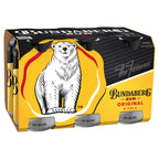 Six-pack of Bundaberg beverage bottles in yellow cardboard, showing a polar bear illustration and the brand logo against a plain white background.