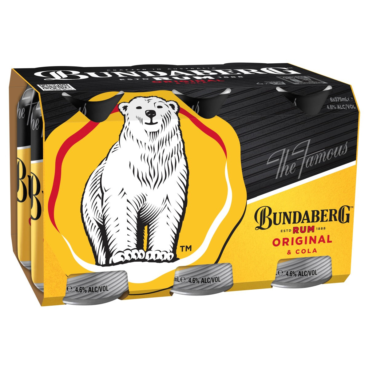 Six-pack of Bundaberg beverage bottles in yellow cardboard, showing a polar bear illustration and the brand logo against a plain white background.
