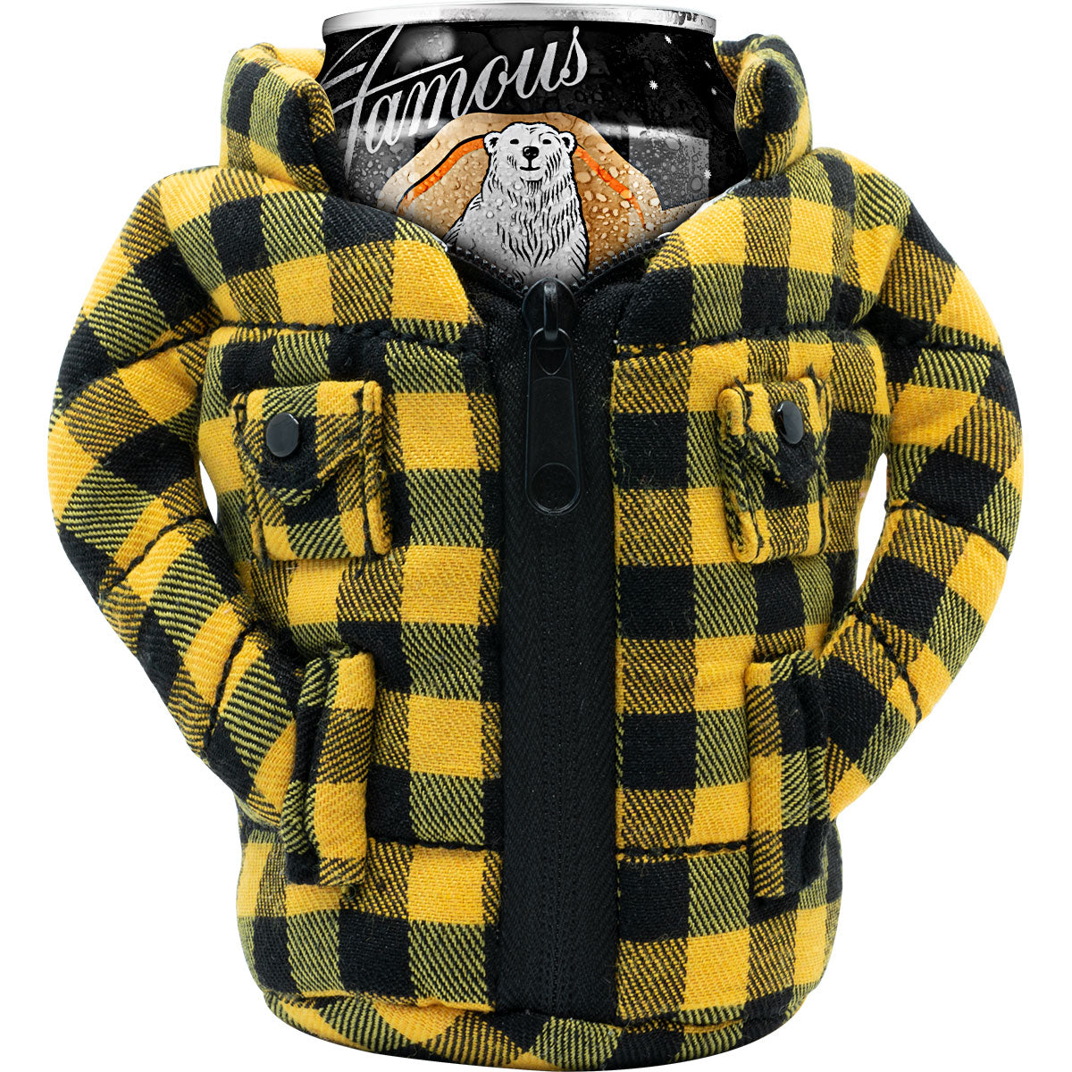 Aluminum beverage can dressed in a yellow-and-black plaid fleece jacket, appearing to wear it while standing against a plain white background. Text on can: "Famous"