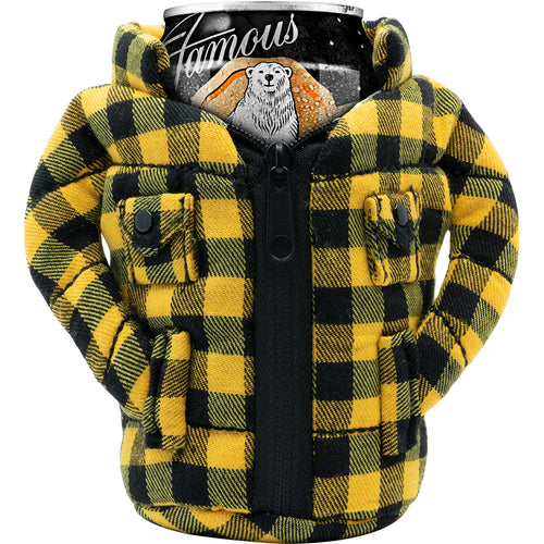 Aluminum beverage can dressed in a yellow-and-black plaid fleece jacket, appearing to wear it while standing against a plain white background. Text on can: "Famous"