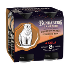 Cardboard four-pack of Bundaberg Campfire cans featuring a white polar bear logo, dark starry-night and campfire artwork; packaged ready-to-carry on a shelf.