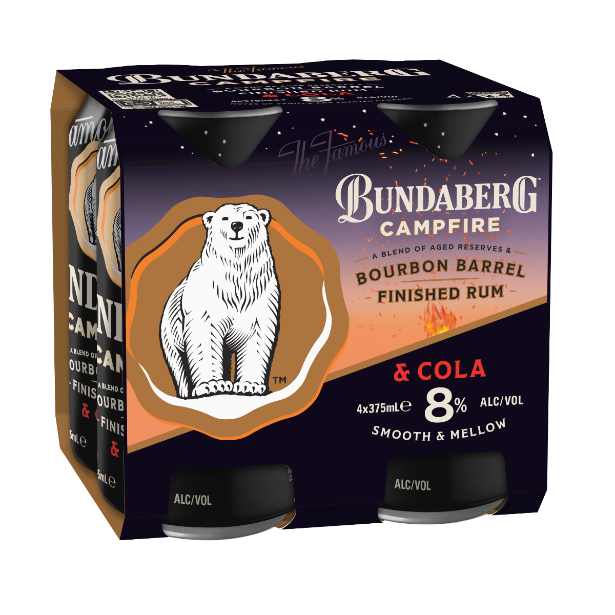 Cardboard four-pack of Bundaberg Campfire cans featuring a white polar bear logo, dark starry-night and campfire artwork; packaged ready-to-carry on a shelf.