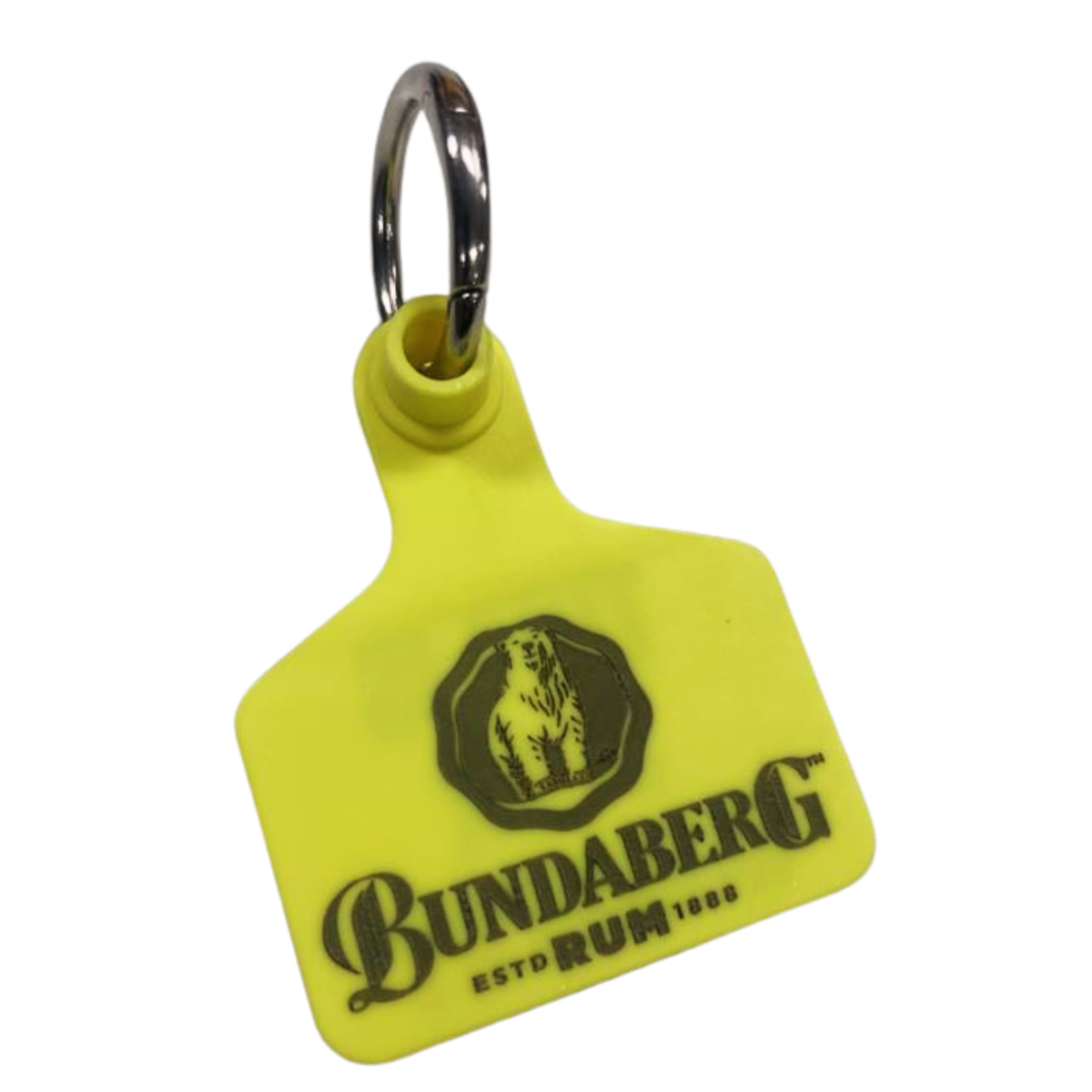 Yellow plastic key tag attached to a metal split ring, printed with a bear-in-crest Bundaberg logo; text reads: "BUNDABERG" and "ESTD RUM 1888".