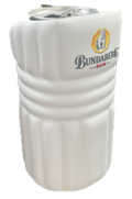 White ceramic beer stein displaying the text "Bundaberg" and logo, topped with a metal hinged lid; it rests upright against a plain white background.
