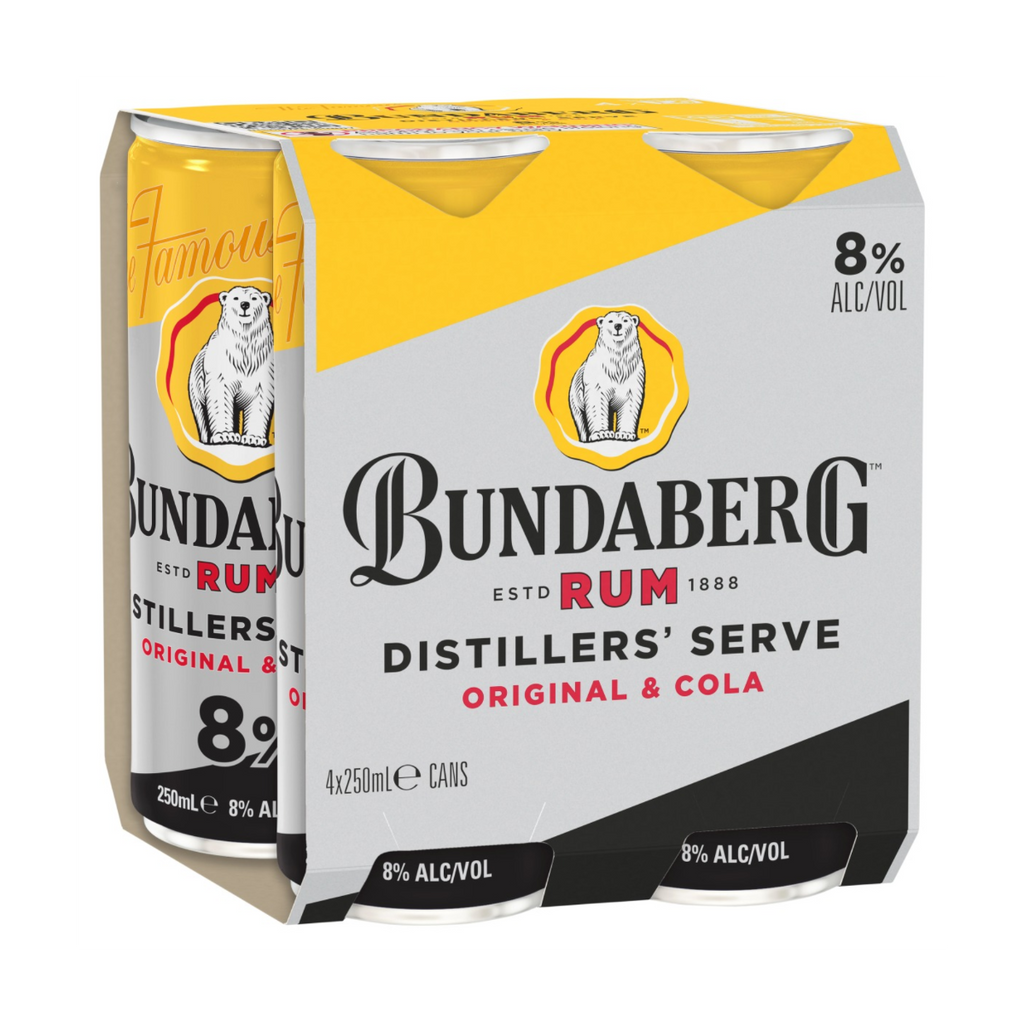 Four-pack of Bundaberg canned rum-and-cola sits in a yellow-and-white cardboard carrier, showing the brand logo and polar bear against a plain white background.