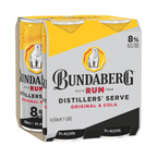 Four-pack of Bundaberg canned rum-and-cola sits in a yellow-and-white cardboard carrier, showing the brand logo and polar bear against a plain white background.