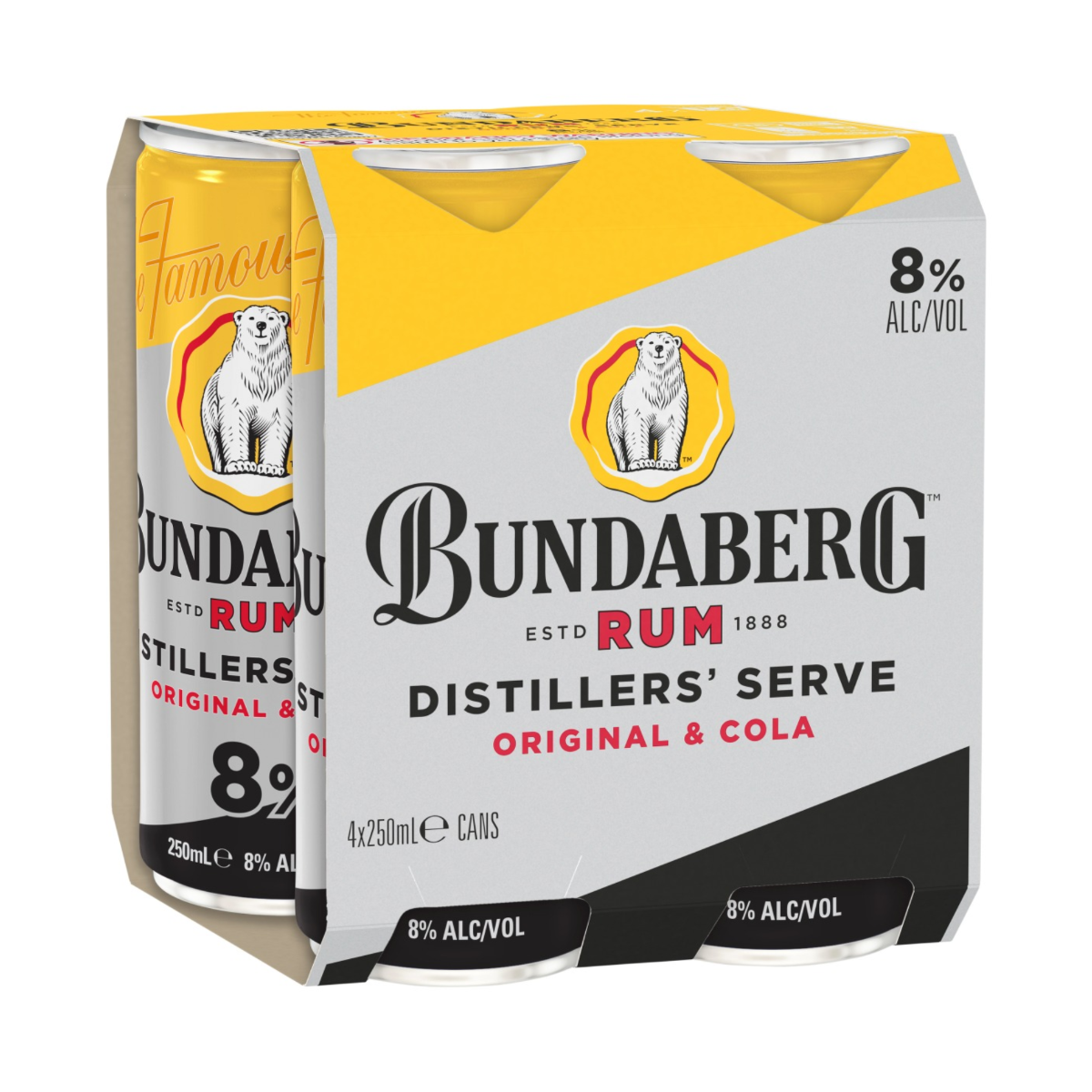 Four-pack of Bundaberg canned rum-and-cola sits in a yellow-and-white cardboard carrier, showing the brand logo and polar bear against a plain white background.