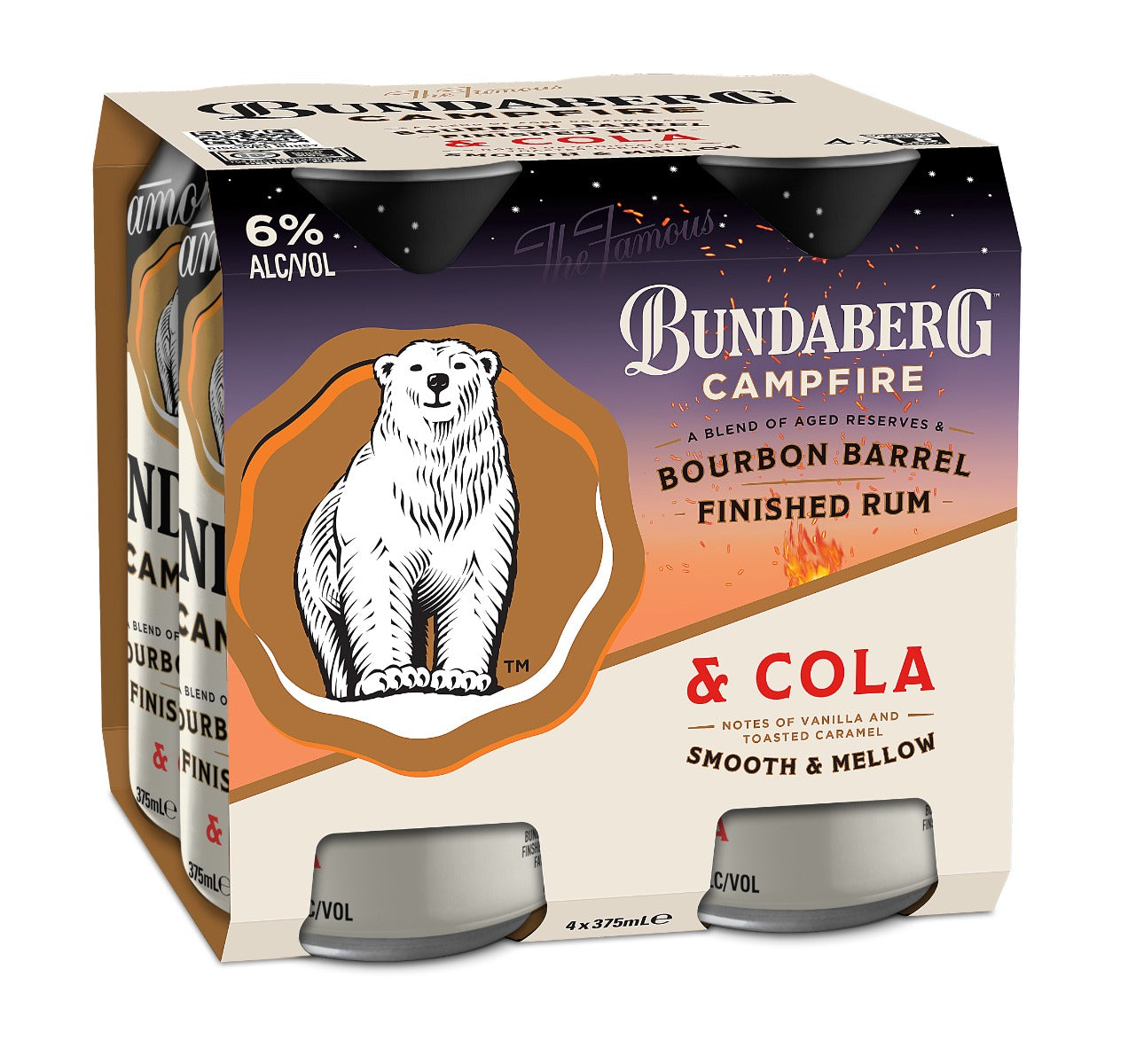 A cardboard four-pack of Bundaberg Campfire canned drinks sits angled, showing a polar bear logo and warm brown label design against a plain white background.