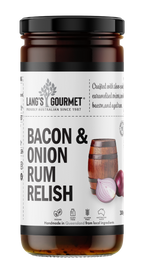 A glass jar of relish labeled and centered; it displays a product name and logo on a white label with a wooden barrel and sliced red onion illustration on a plain white background.