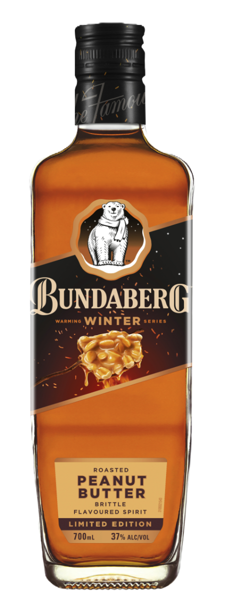 A glass bottle of Bundaberg peanut-butter flavored rum stands upright on a plain white background. Visible label text: "Bundaberg" and "PEANUT BUTTER."