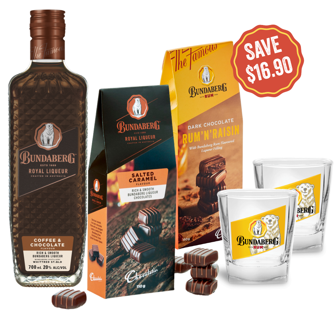 Bundaberg Coffee & Chocolate Royal Liqueur with Chocolates and Set of 2 glasses