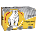 Six-pack cardboard carrier of Bundaberg rum & cola cans, showing a standing white polar bear illustration on a yellow background; retail multipack photographed on a white background.