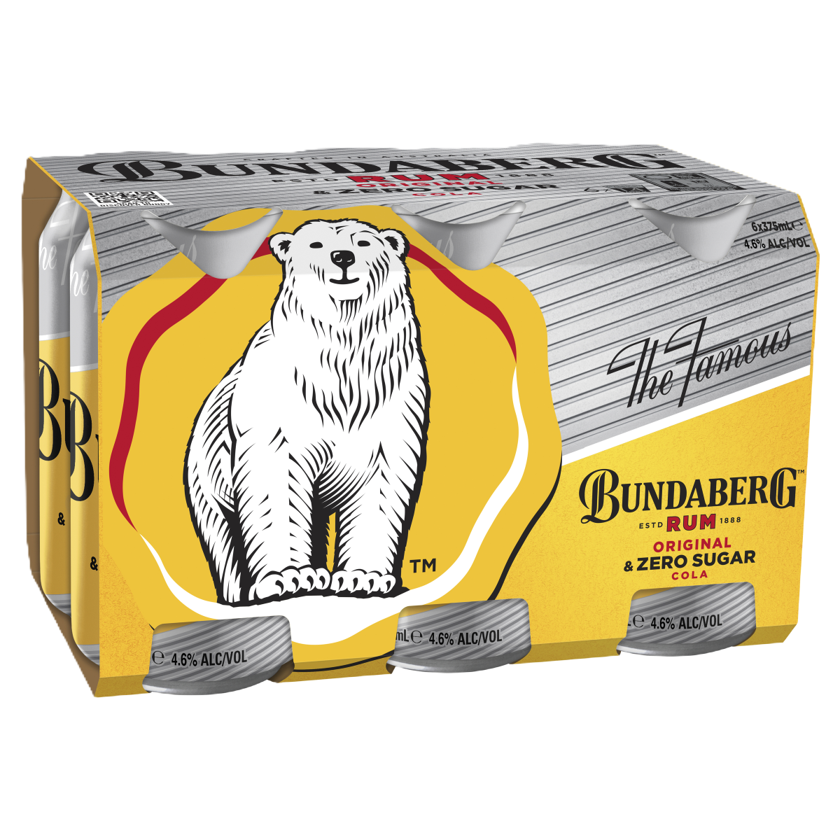 Six-pack cardboard carrier of Bundaberg rum & cola cans, showing a standing white polar bear illustration on a yellow background; retail multipack photographed on a white background.