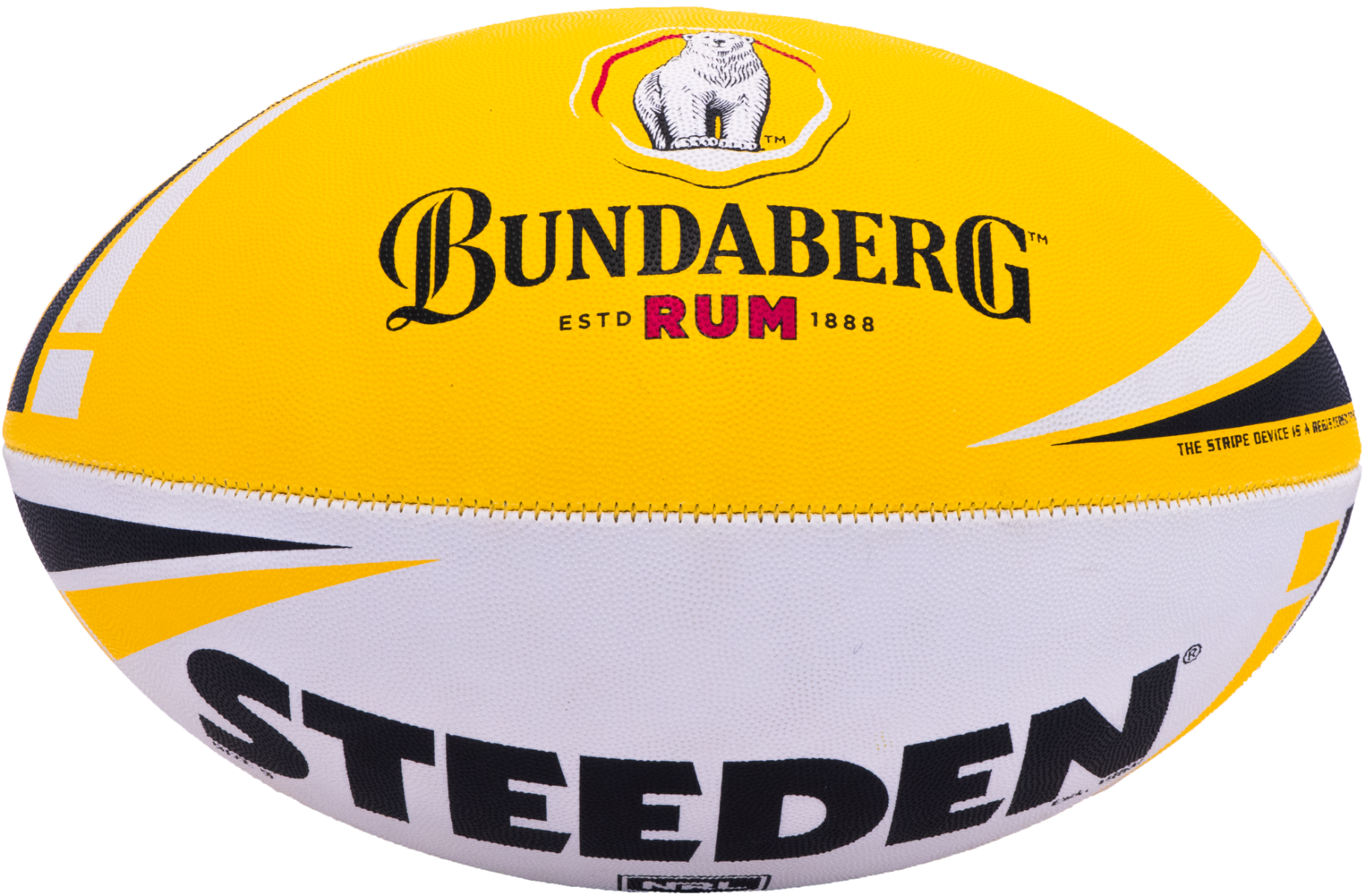 A yellow-and-white rugby ball rests isolated on a white background, displaying sponsor and manufacturer logos across its panels.