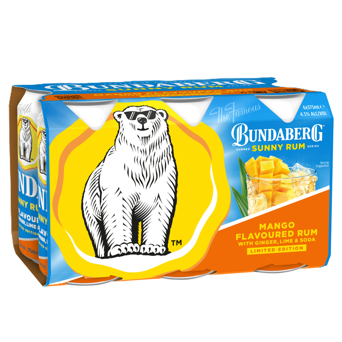 A four-pack of Bundaberg Sunny Rum cans featuring a large polar bear logo and a glass of mango rum illustration on bright blue, yellow and orange tropical packaging.