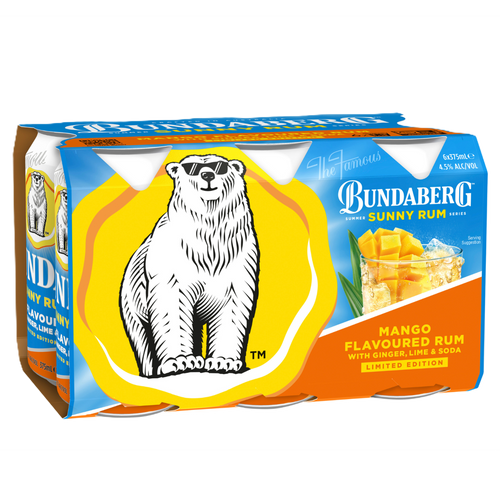 A four-pack of Bundaberg Sunny Rum cans featuring a large polar bear logo and a glass of mango rum illustration on bright blue, yellow and orange tropical packaging.