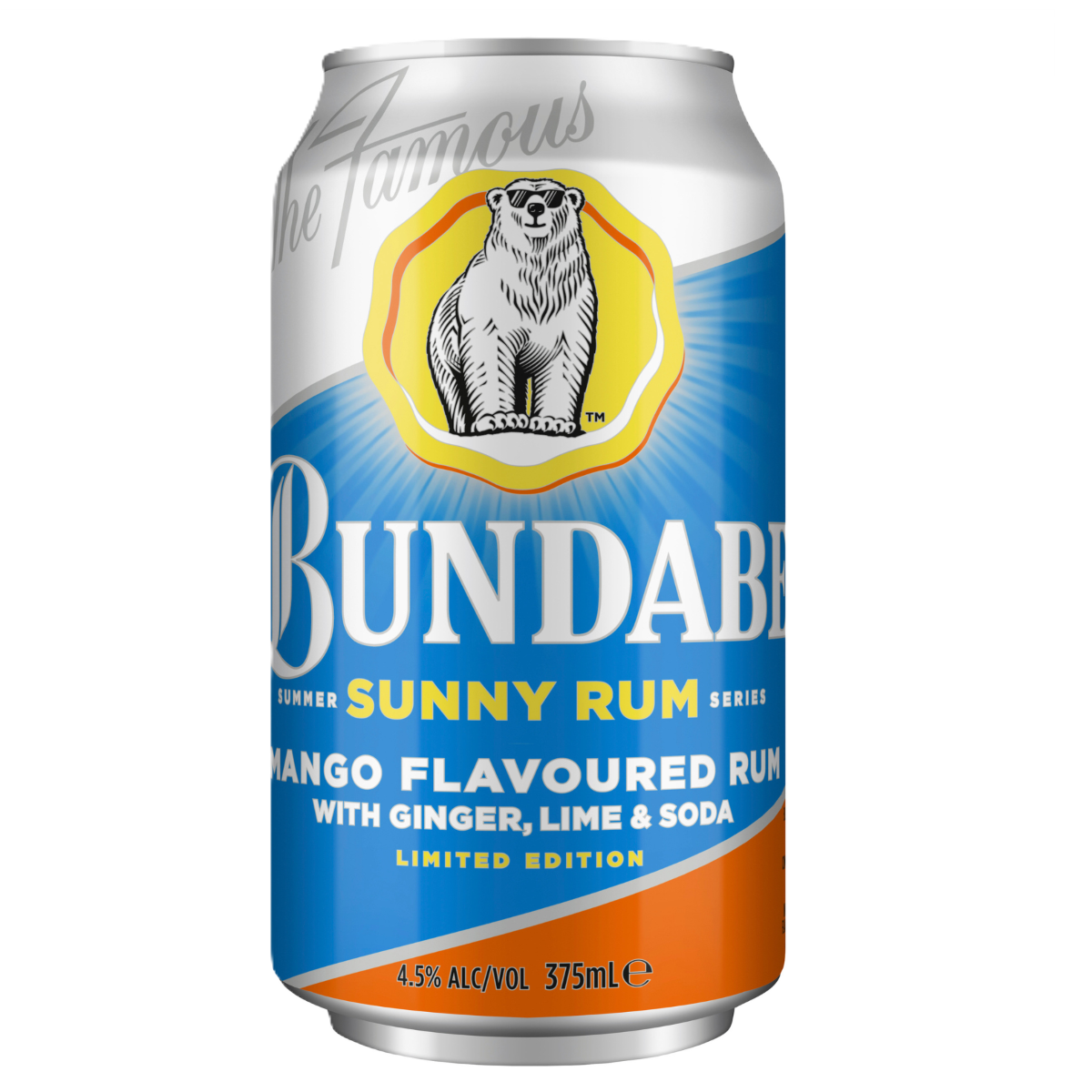 Aluminium can stands upright on a plain background, labeled blue and orange with a polar bear logo; product appears fruity alcoholic soda.