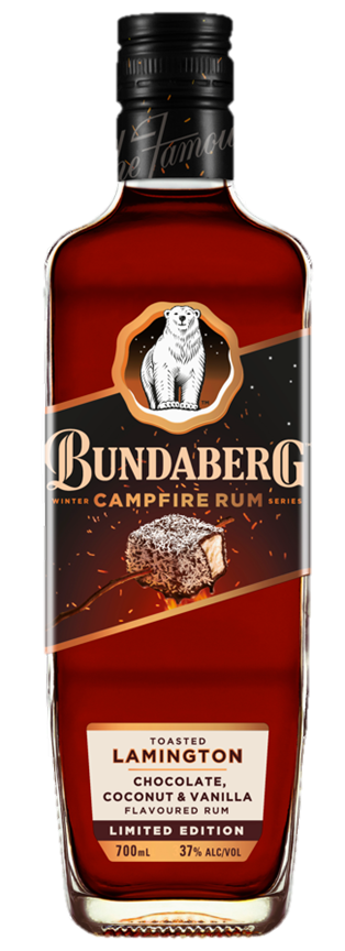 Amber glass rum bottle standing upright on a plain background; label features a polar-bear emblem above the brand name and product type. Visible text: "Bundaberg" "Barrel Aged Rum". Small print on the lower label is illegible at this resolution — upload a higher-resolution image if you need a full transcription.