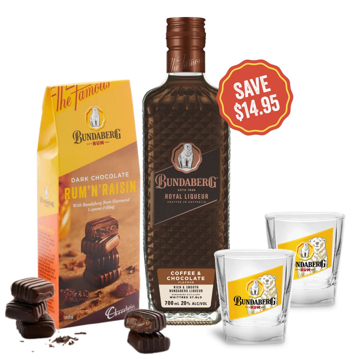 Bundaberg Coffee and Chocolate Liqueur, Rum and Raisin Chocolate and Set of 2 Spirit Glasses