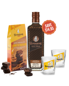 Bundaberg Coffee and Chocolate Liqueur, Rum and Raisin Chocolate and Set of 2 Spirit Glasses