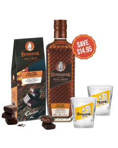 Bundaberg Salted Caramel Royal Liqueur, Salted Caramel Liqueur Chocolate and Set of 2 Spirit Glasses
