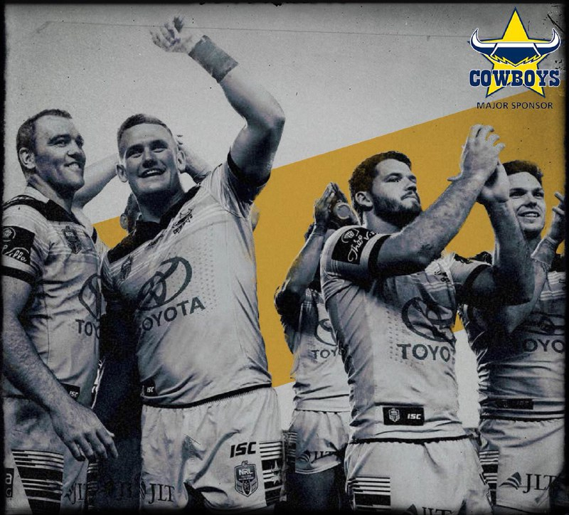 Vintage style, black and white photo of the Cowboys NRL team players, against a yellow and white background.